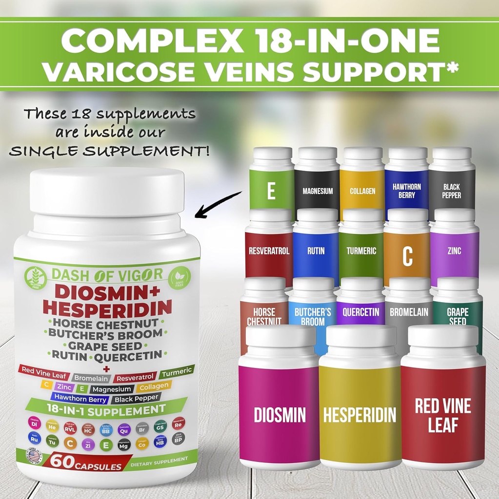 Dash of Vigor 18-in-1 Diosmin Hesperidin Supplement, Quercetin with Bromelain, Zinc, Vitamin C with Rutin Supplement, Horse Chestnut Extract, Butcher's Broom Extract, USA, 60 Capsules 3