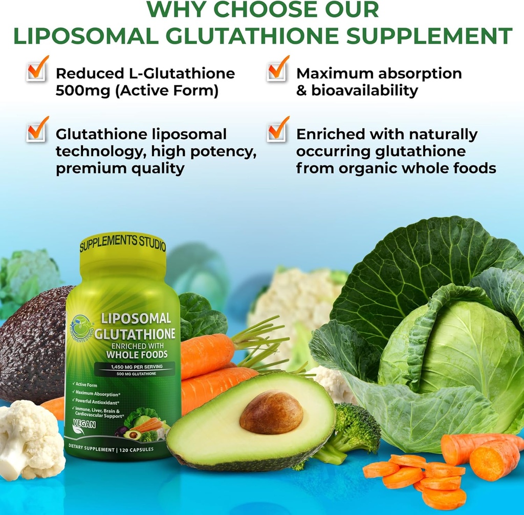 SUPPLEMENTS STUDIO Liposomal Glutathione 500mg Enriched with Organic Whole Foods + Plant-Based Calcium, Magnesium, Zinc, D3 & K2 with Turmeric – Vegan, Non-GMO, Clean Daily Wellness Support 3