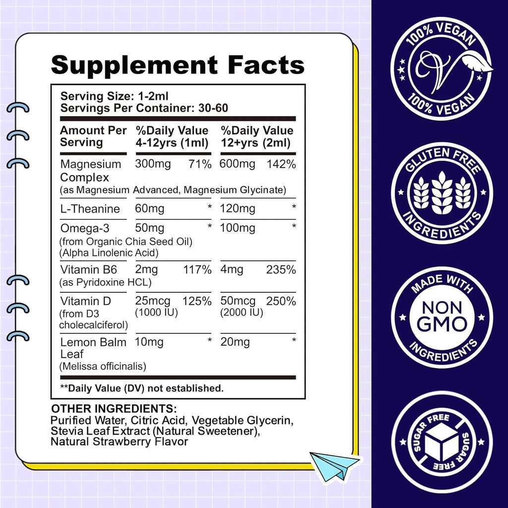 Kids Magnesium Liquid Drops-Magnesium Glycinate Liquid for Kids Supplement-w/L-theanine, Omega-3, Vitamin B6, D3 - for Sleep, Relaxation, Brain, Bones - 2 Fl Oz Children's Calm, Strawberry Flavor 5