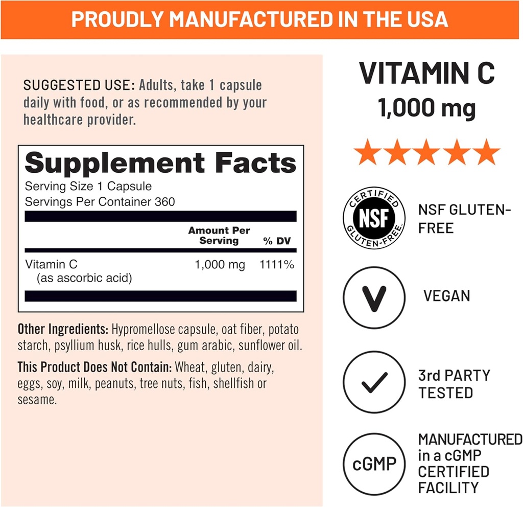 NatureWise Vitamin C 1000mg Capsules - Extra Strength Vegan Vitamin C for Daily Antioxidant & Immune Support - Non-GMO, USA Manufactured - 360 Capsules[360-Day Supply] 5