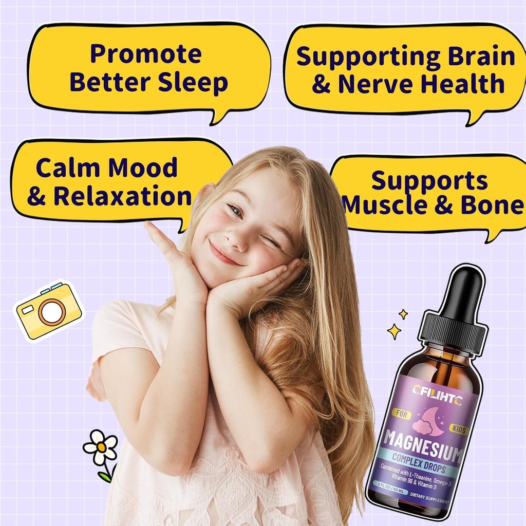 Kids Magnesium Liquid Drops-Magnesium Glycinate Liquid for Kids Supplement-w/L-theanine, Omega-3, Vitamin B6, D3 - for Sleep, Relaxation, Brain, Bones - 2 Fl Oz Children's Calm, Strawberry Flavor 6