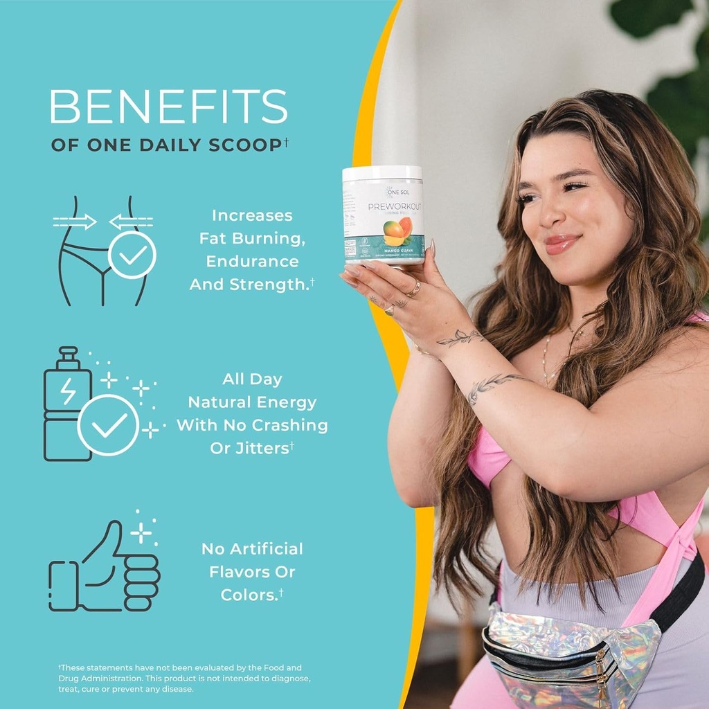One Sol Pre-Workout for Women, Enhanced Pump & Focus, No Jitters Or Crash, Natural Ingredients, 100% Vegan, Gluten Free & Soy Free, (Mango Guava) 4