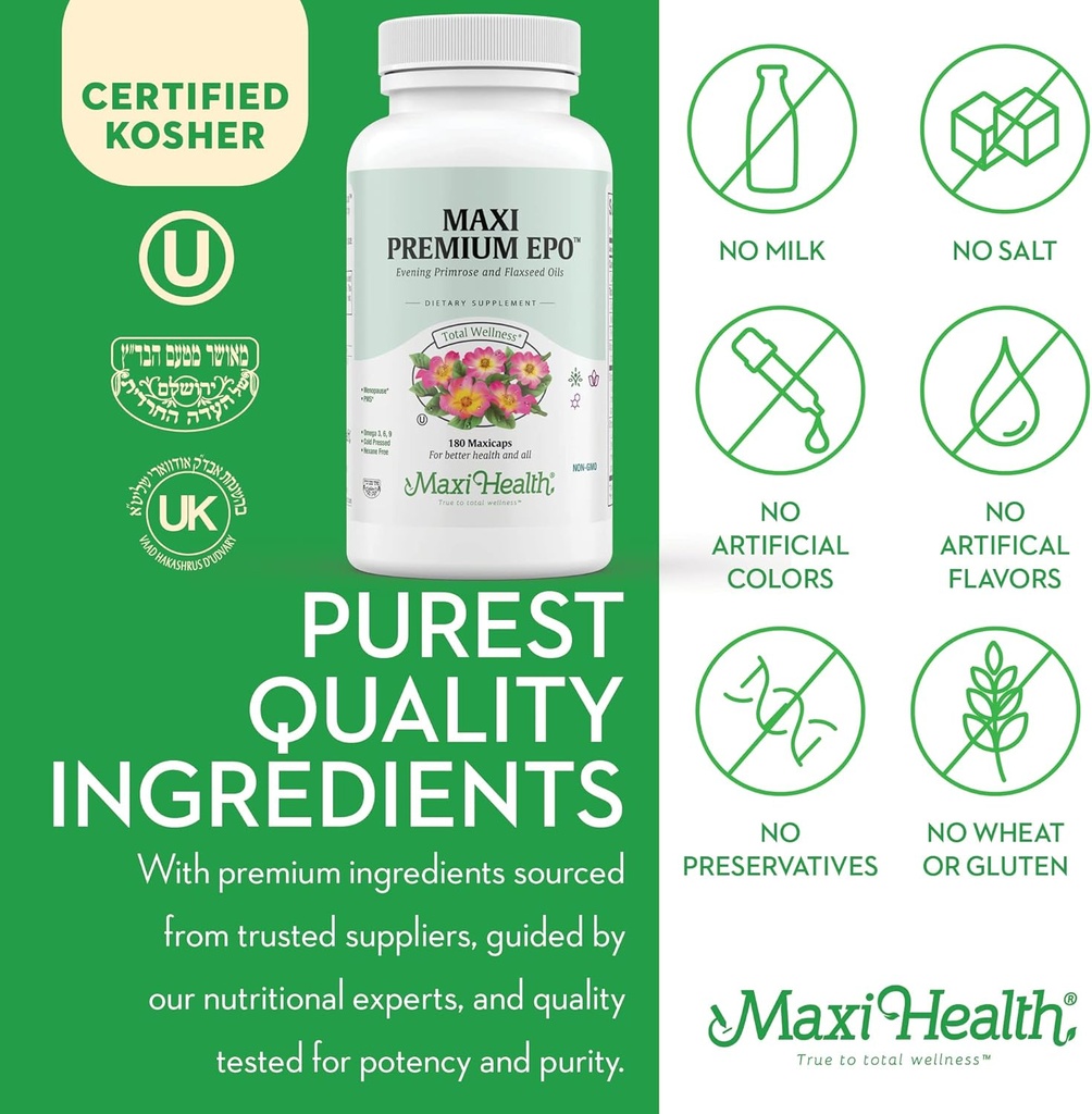 Maxi-Health Evening Primrose and Flax Seeds Oil Softgels - Vegan Omega 3 6 9 Supplements for Healthy Skin, Hair, and Joints - Kosher Certified, Organic Evening Primrose Oil Softgels, 180 Count 6
