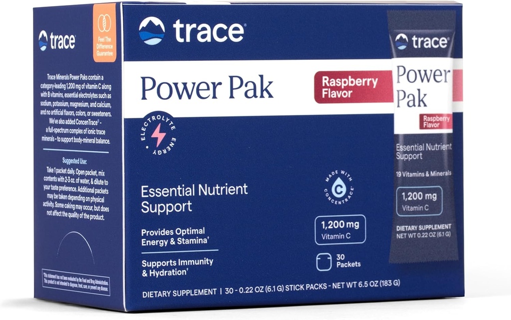 Trace Minerals Power Pak Multivitamin and Multimineral Packets - Electrolyte Support - 1200 mg Vitamin C Plus 70 Raspberry Flavor - 30 Packets 2