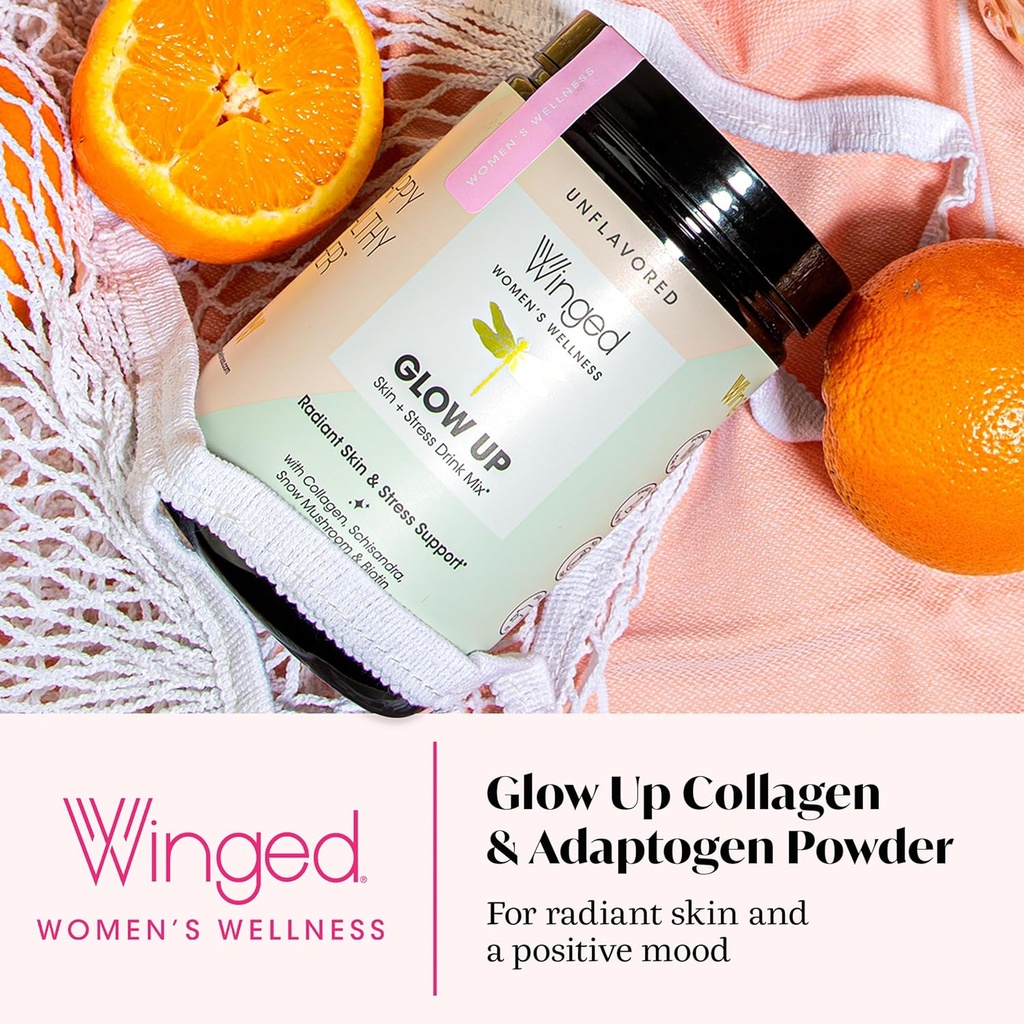 Winged Wellness Glow Up, Collagen Powder for Women - Hair, Skin & Nails Beauty Supplement with Grass-Fed Hydrolyzed Collagen Peptides Adaptogens, Vitamin C & Biotin - 25 Servings, Unflavored 3