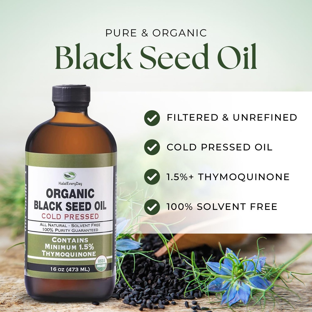 HalalEveryDay Organic Black Seed Oil - USDA Certified, Cold Pressed Glass Bottle 16oz - Over 1.5% Thymoquinone Turkish Black Cumin Nigella Sativa Non-GMO 100% Pure Blackseed Oil 4