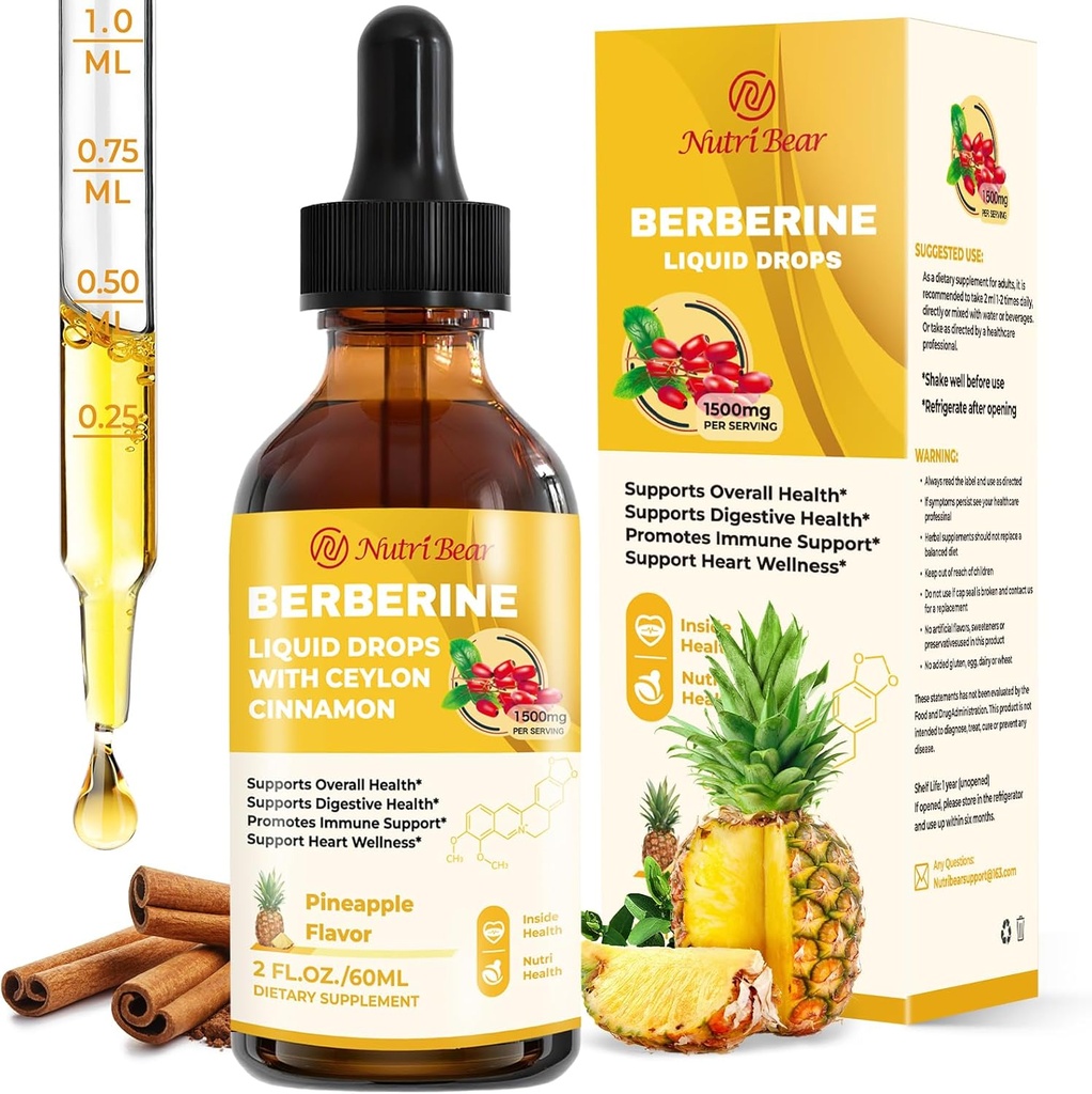 Berberine Supplement with Ceylon Cinnamon, Berberine HCL Liquid Drops with Turmeric, Bitter Melon, Quercetin, 10X Strength AMPK for Digestion System, Immune Health Support -Vegetarian, 2 fl oz 2