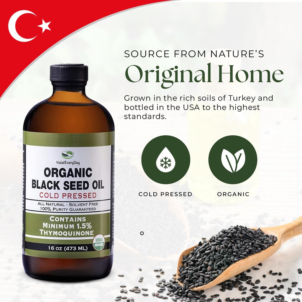 HalalEveryDay Organic Black Seed Oil - USDA Certified, Cold Pressed Glass Bottle 16oz - Over 1.5% Thymoquinone Turkish Black Cumin Nigella Sativa Non-GMO 100% Pure Blackseed Oil 6