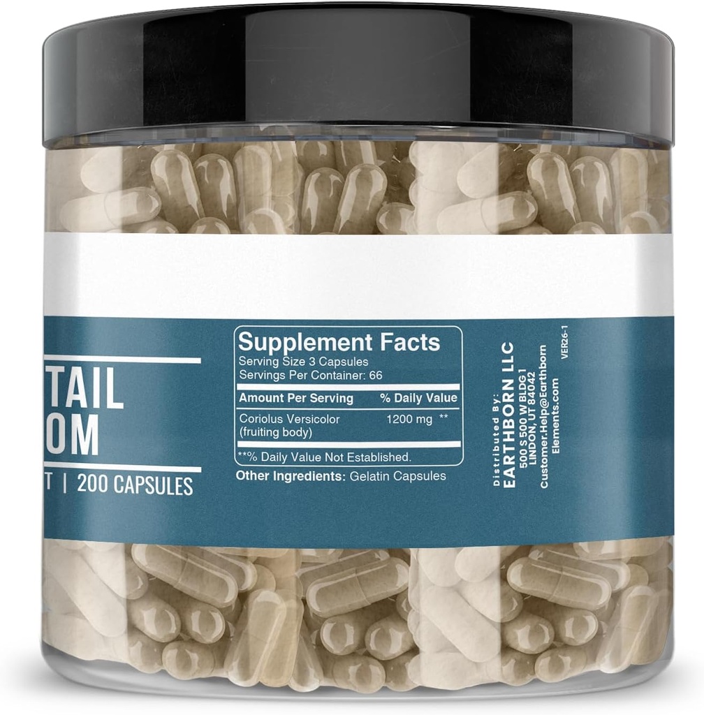 Earthborn Elements Turkey Tail Mushroom 200 Capsules, Pure & Undiluted, No Additives 3