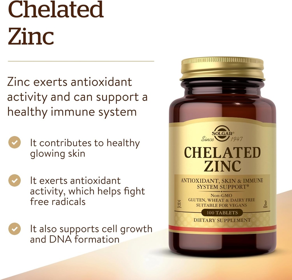 Solgar Chelated Zinc, 100 Tablets - Zinc for Healthy Skin - Supports Cell Growth & DNA Formation - Exerts Antioxidant Activity - Supports A Healthy Immune System - Non GMO, Gluten Free - 100 Servings 4