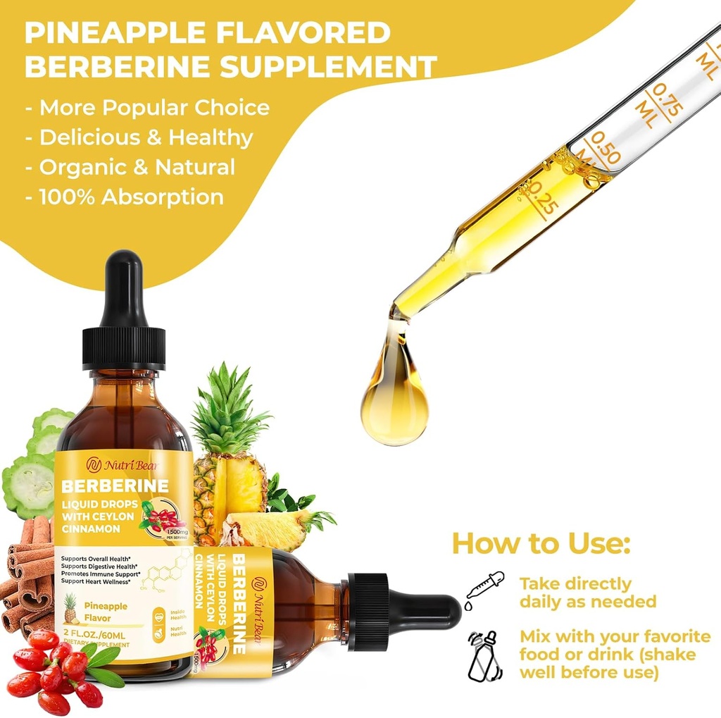 Berberine Supplement with Ceylon Cinnamon, Berberine HCL Liquid Drops with Turmeric, Bitter Melon, Quercetin, 10X Strength AMPK for Digestion System, Immune Health Support -Vegetarian, 2 fl oz 6