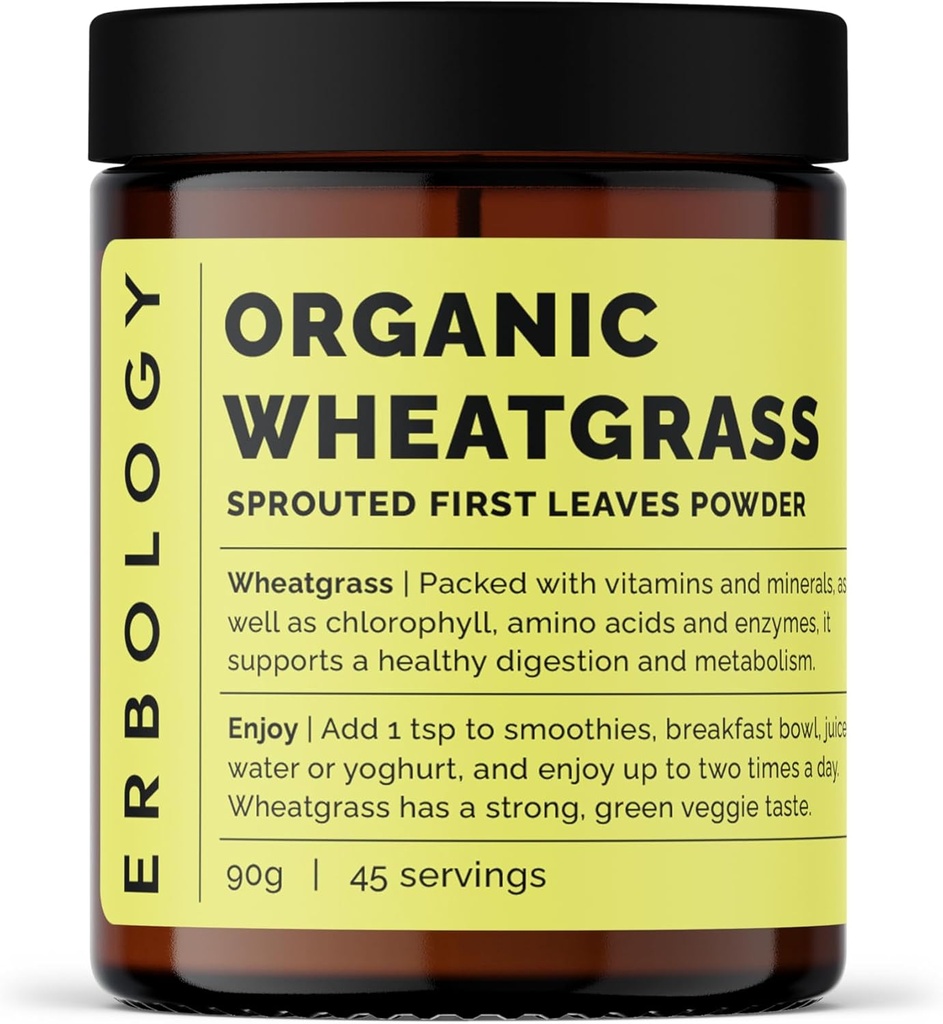 Erbology Organic Wheatgrass Powder 3.2 oz - 45 Servings - Body Cleansing and Gut Health Support - Rich in Chlorophyll and Iron - Sustainably Sourced in Europe - Small Batch - Vegan - GMO-Free 2