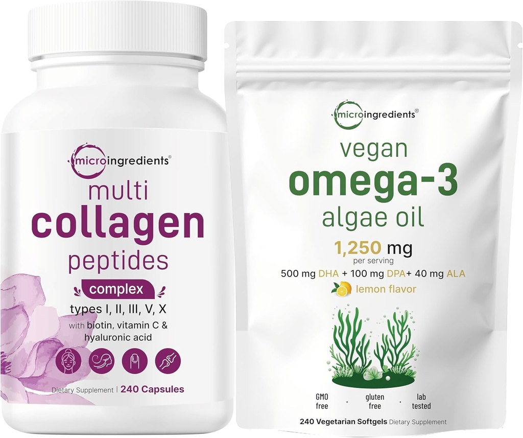 Micro Ingredients Multi Collagen Complex & Vegan Omega 3 Algae Oil Supplement Bundle 2 Pack | Grass-Fed Collagen Peptides | Omega-3 Full Spectrum Alternative to Fish Oil 2