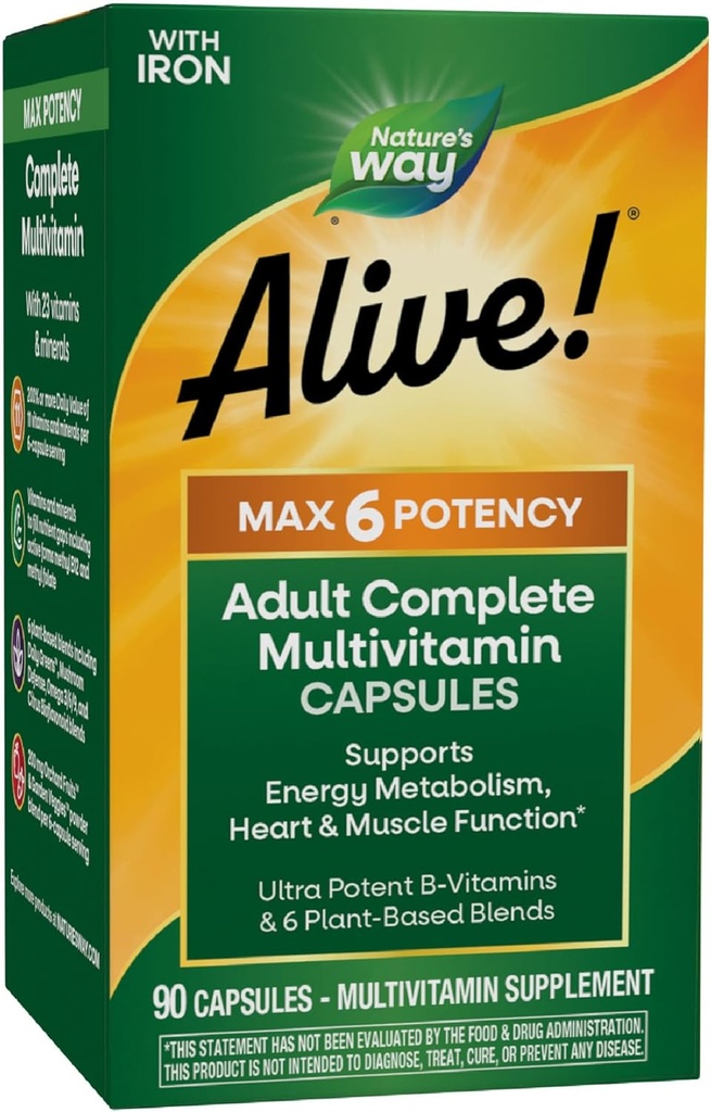 Nature's Way Alive! Max6 Potency Adult Complete Multivitamin, with Iron, Vitamins A, C, E & B-Vitamins Including Methylated B12 & Folate, Supports Energy Metabolism*, 90 Capsules (Packaging May Vary) 2