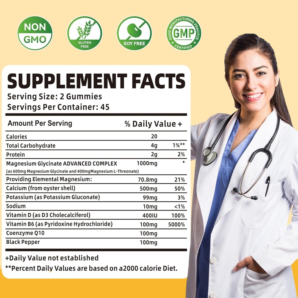 90 CT Magnesium Glycinate Gummies 1000mg - Sugar Free Magnesium Potassium Supplement with Vitamin D, B6, CoQ10 for Calm Mood & Sleep Support - 90 Orange Gummies. 3