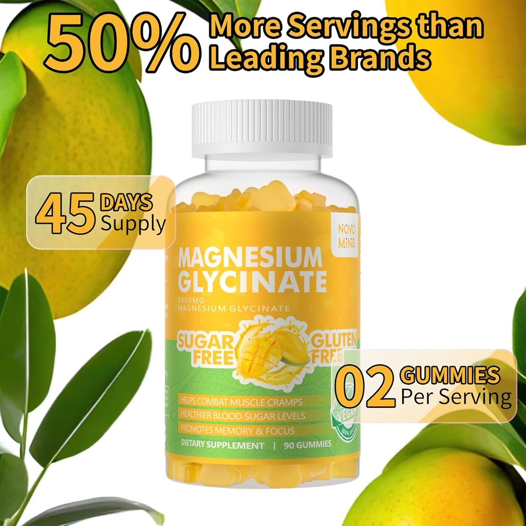 90 CT Magnesium Glycinate Gummies 1000mg - Sugar Free Magnesium Potassium Supplement with Vitamin D, B6, CoQ10 for Calm Mood & Sleep Support - 90 Orange Gummies. 6