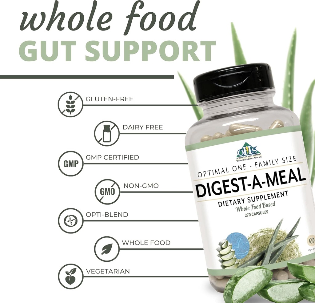 Optimal Health Systems Digest-A-Meal | Gut Health Enzyme & Probiotic | Bloating, Acid Reflux, & Indigestion Relief + Aloe Vera Leaf | Digestion Supplement | 270 Capsules Family Size 5