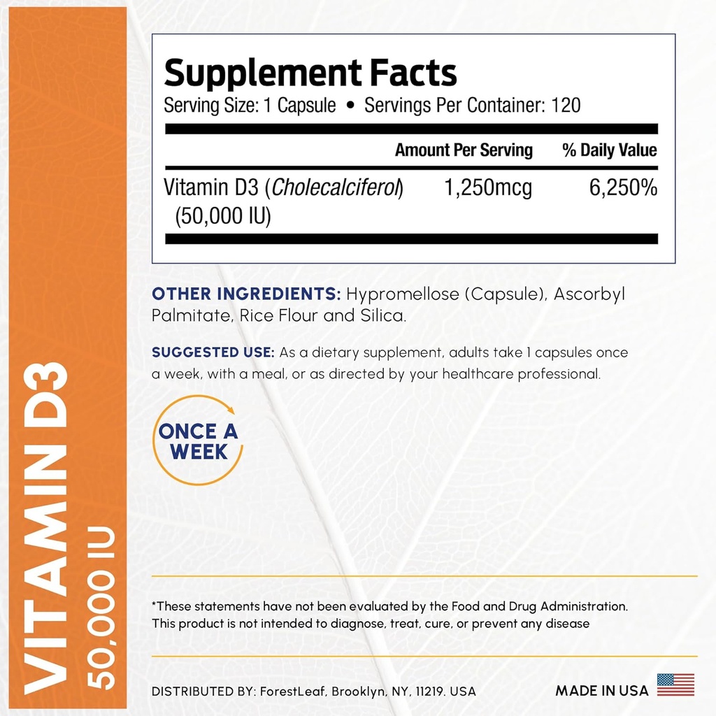 ForestLeaf Vitamin D3 50,000 IU | VIT D - VIT D3 Vitamin D Supplement for Women and Men | Bone Health, Teeth, Immune Support | Easy to Swallow Pills | High Potency WEEKLY Dose, 2-Year Supply, 120 Caps 5