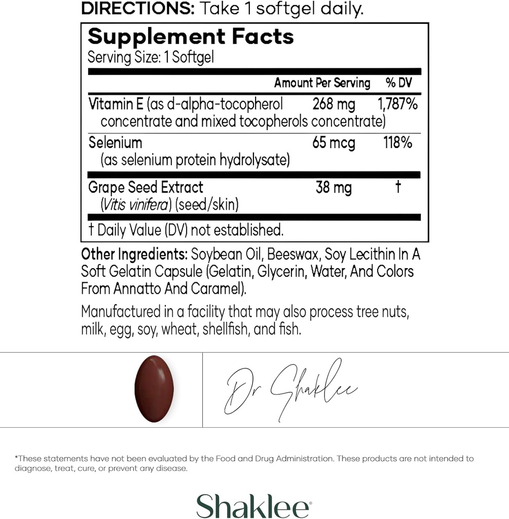 Shaklee - Vitamin E - Supports Heart, Brain, and Prostate Health -Neutralizing Damage Caused by Free Radicals Vita-E® 400 IU Tablets with Selenium and Grape Seed Extract - 90 Softgels 4