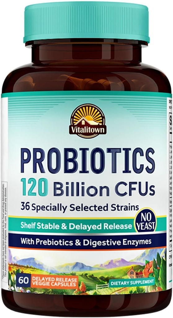 Vitalitown Probiotics 120 Billion CFUs | 36 Strains, with Prebiotics & Digestive Enzymes | Shelf Stable | Digestive Health & Immune Support | Vegan, Non-GMO | Pack of 1 | 60 Delayed Release Veg Caps 2