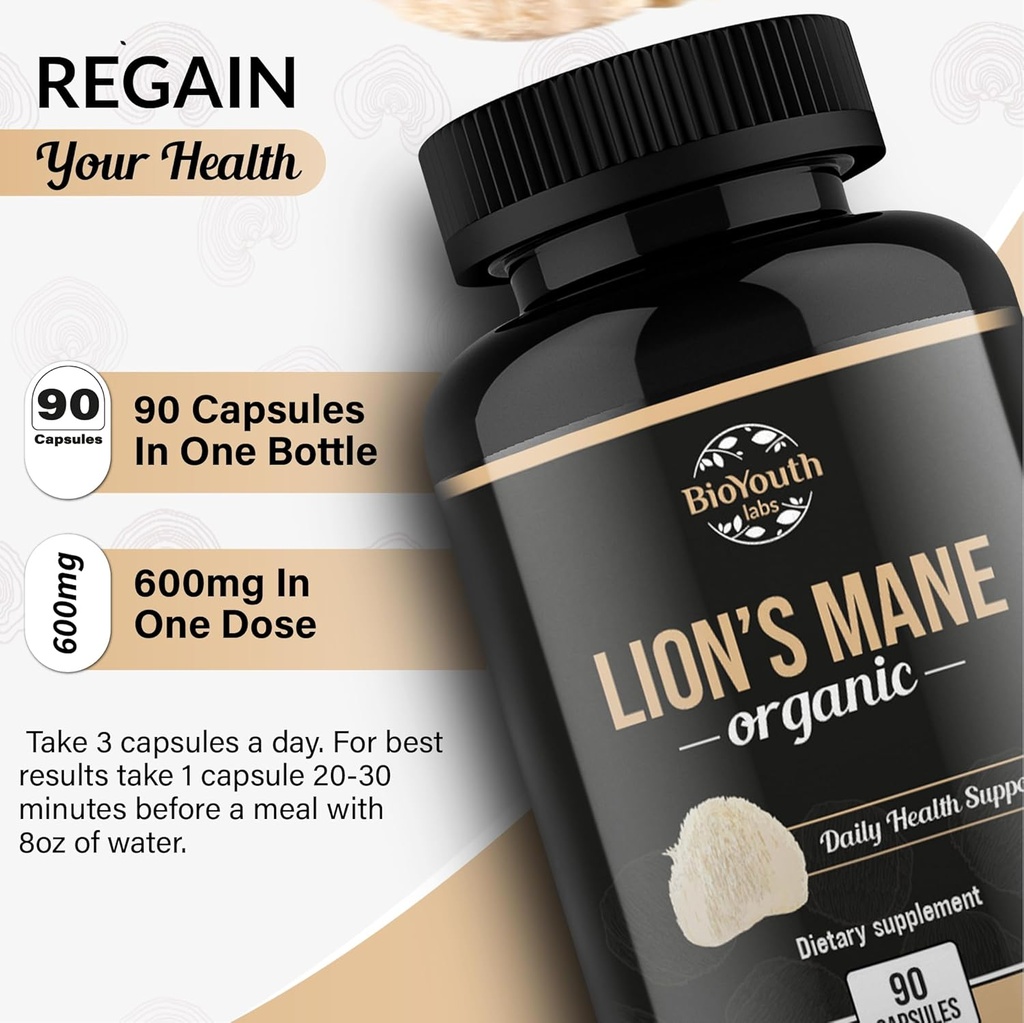 Organic Lions Mane Capsules Dietary Supplement Premium Organic Lions Mane Mushroom Extract | 90 Capsules 5