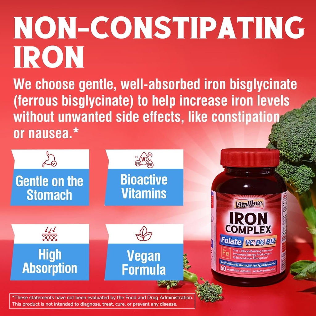 Iron Supplement for Women & Men, with Vitamins C, B6, B12 & Folate for Iron Deficiency, Blood Building & Energy Support, Stomach Friendly, Better Absorption, Non-GMO, No Gluten, 30 Vegan Caps 5