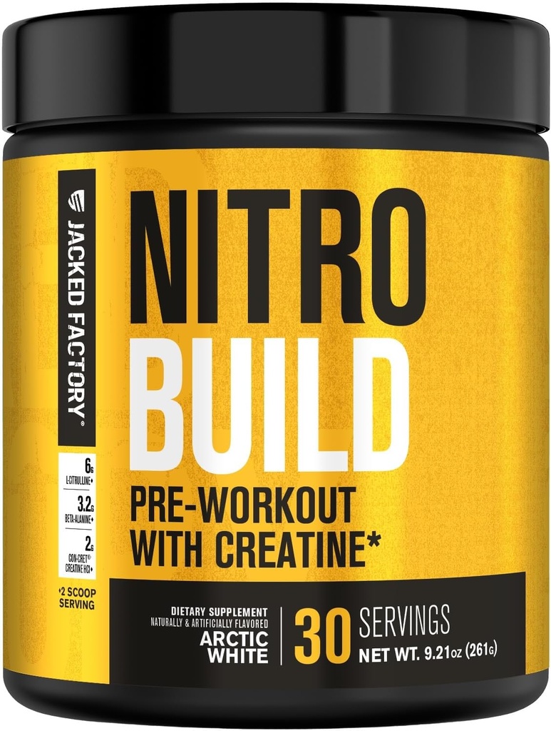 Jacked Factory Nitrosurge Build Pre Workout with Creatine for Muscle Building - Con Cret Creatine Powder & elevATP for Intense Energy, Powerful Pumps, & Endless Endurance - 30 Servings, Arctic White 2