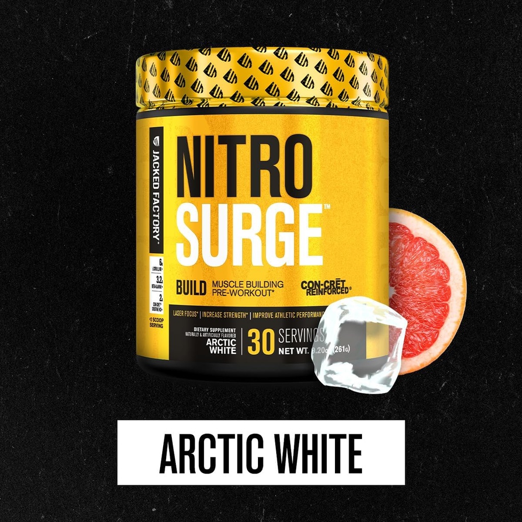 Jacked Factory Nitrosurge Build Pre Workout with Creatine for Muscle Building - Con Cret Creatine Powder & elevATP for Intense Energy, Powerful Pumps, & Endless Endurance - 30 Servings, Arctic White 4