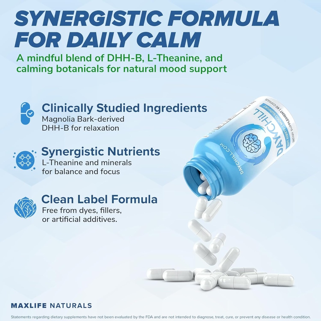 Chill Pill Happy Pills Mood Stabilizer Women and Men with Magnolia Bark 60 Capsules Formulated in USA - DHH-B Dihydrohonokiol-B Calm Pills Minerals and Chill Formula for Relaxation and Health Balance 5