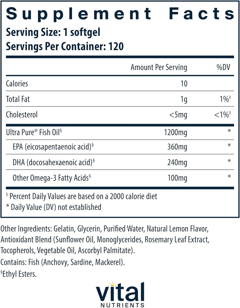 Vital Nutrients Ultra Pure® Fish Oil 700 | Supports Heart, Brain, and Joint Health* | Sustainably Sourced High EPA & DHA Omega-3 Fatty Acid | Lemon Flavor | Gluten, Dairy & Soy Free | 120 Softgels 3