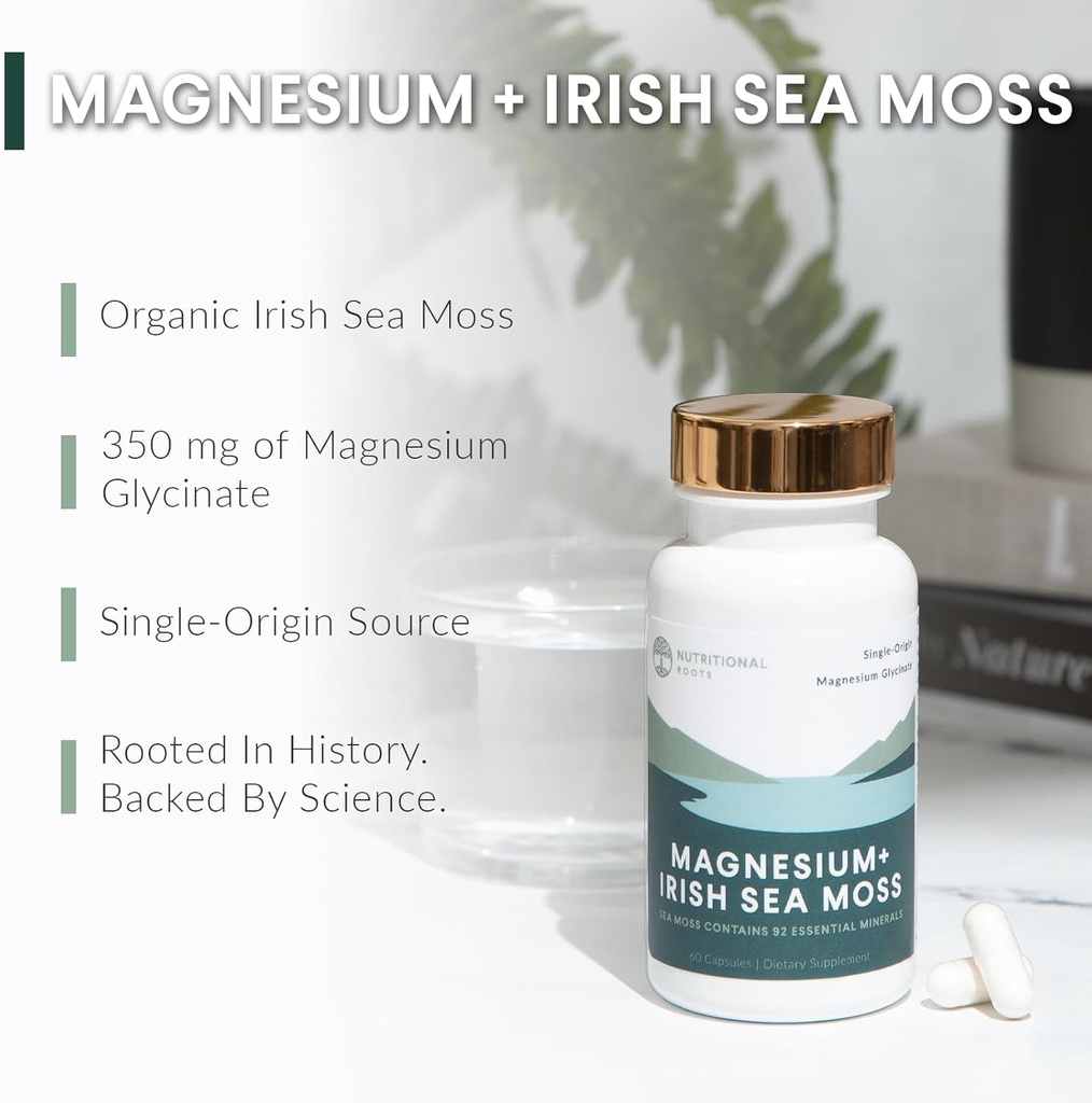 Nutritional Roots - Magnesium + Irish Sea Moss - 350mg Magnesium Glycinate & Organic Irish Sea Moss - Essential Minerals - Supports Heart & Bone Health - Dietary Supplement - 30 Servings - 60 Capsules 3