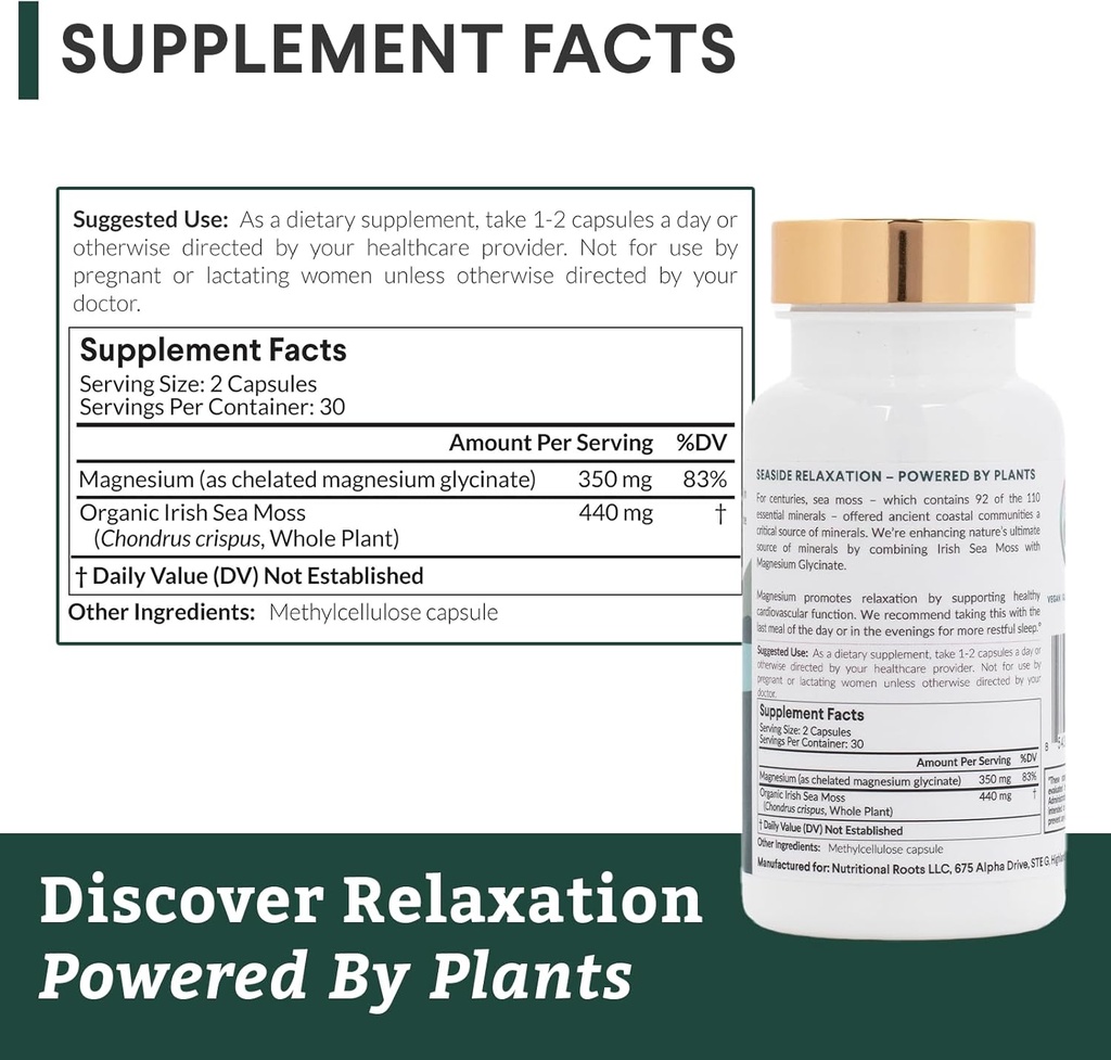 Nutritional Roots - Magnesium + Irish Sea Moss - 350mg Magnesium Glycinate & Organic Irish Sea Moss - Essential Minerals - Supports Heart & Bone Health - Dietary Supplement - 30 Servings - 60 Capsules 6