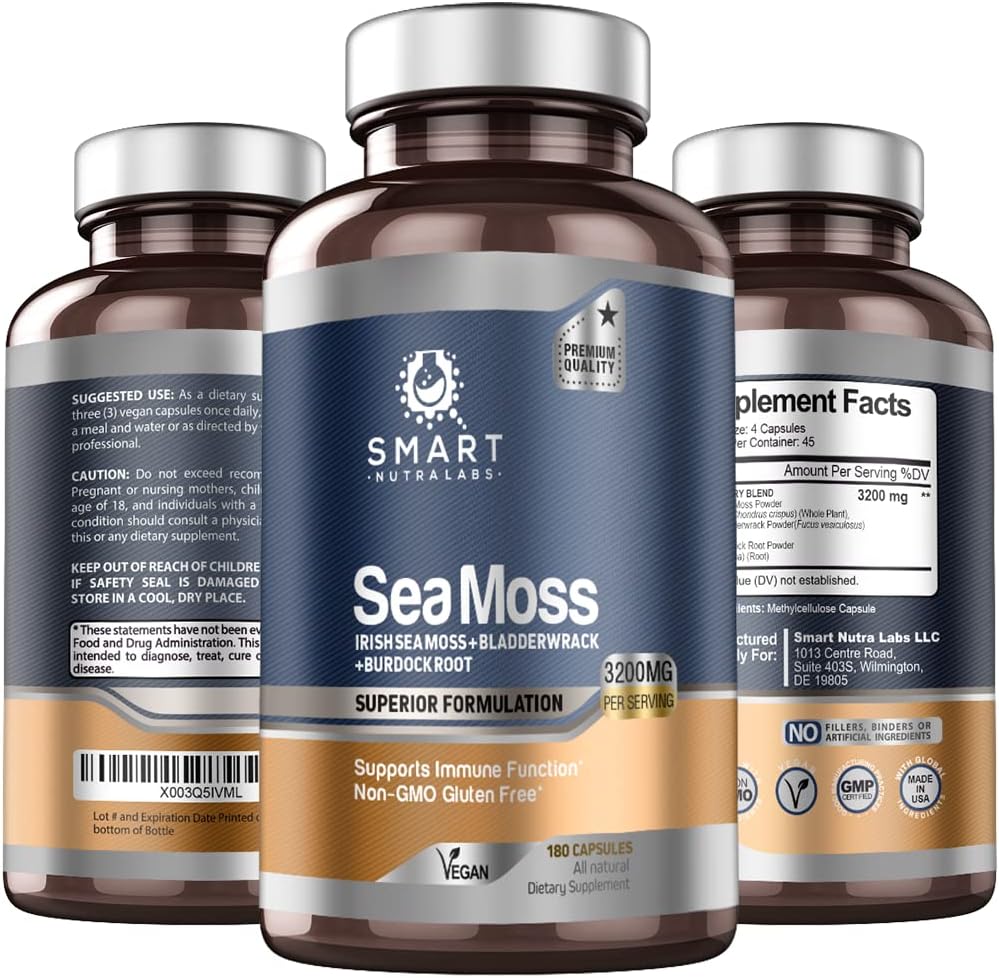 Smart Nutra Labs Organic Sea Moss 3200MG Per Serving- 180 Vegan Capsules- Irish Sea Moss, Bladderwrack and Burdock Root- Premium Quality Supplement for Immune Support and Overall Health 2