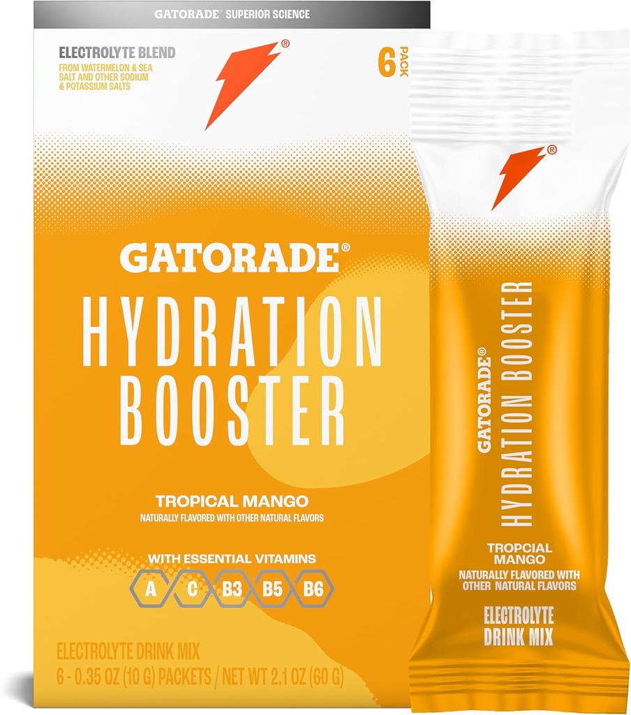 Gatorade Hydration Booster Electrolyte Drink Mix Powder Packets, Tropical Mango, Advanced Electrolyte Blend, No Added Colors, No Artificial Sweeteners, Essential Vitamins A, C, B3, B5, B6, Makes 20 Fl Oz, (6 Pack) 2