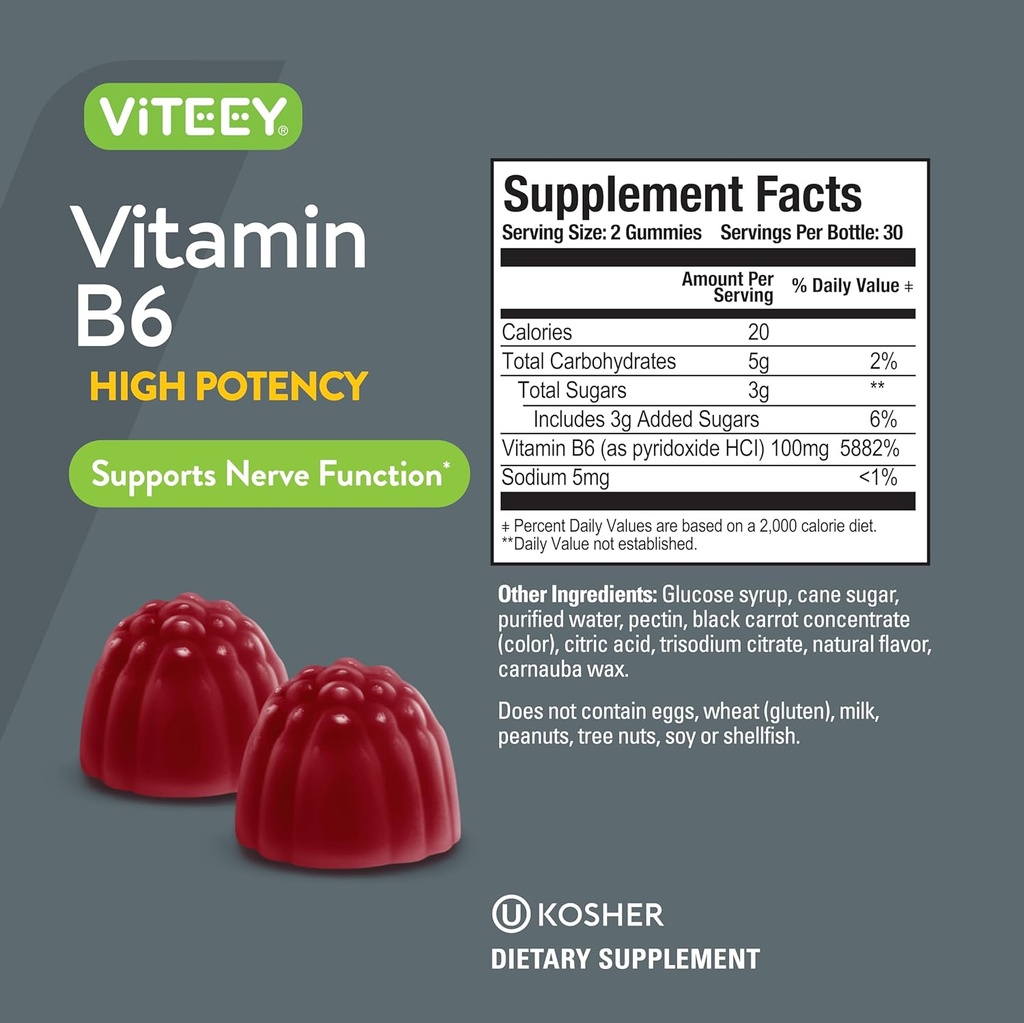 Viteey Vitamin B6 Gummies - Energy, Nerve & Mood Support - B6 Vitamins 100mg - Vegan, Gluten Free, GMO Free - 120 Count 5