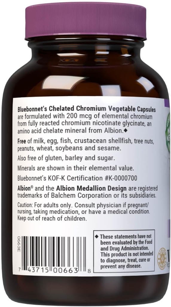 Bluebonnet Nutrition Chelated Chromium, Metabolism Support*, Non-GMO, Vegan, Kosher Certified, Gluten-Free, Soy-Free, Dairy-Free, Albion Chelated Mineral, 90 Vegetable Capsules, 90 Servings 4