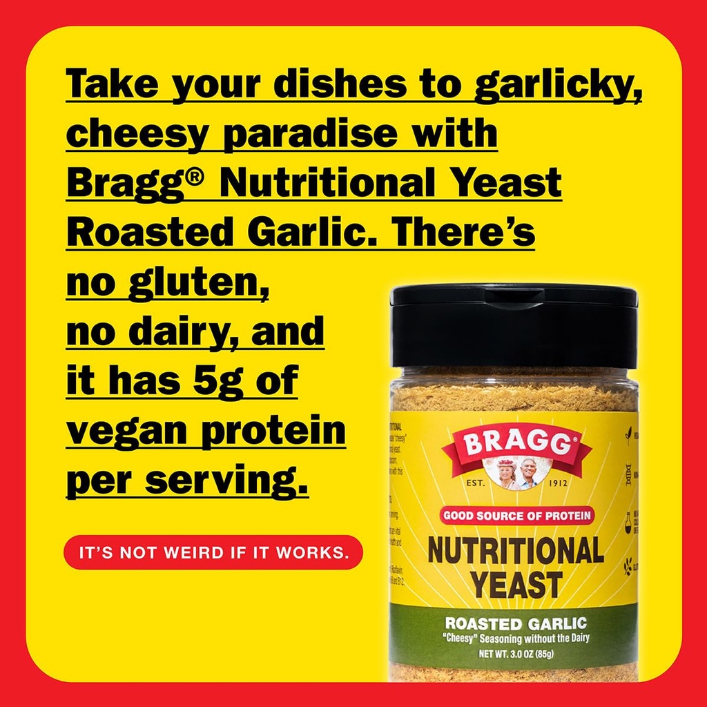 Bragg Nutritional Yeast Roasted Garlic Seasoning - 3 oz - Dairy-Free Parmesan Cheese Substitute - Perfect for Salads, Pastas, Popcorn, and More 4