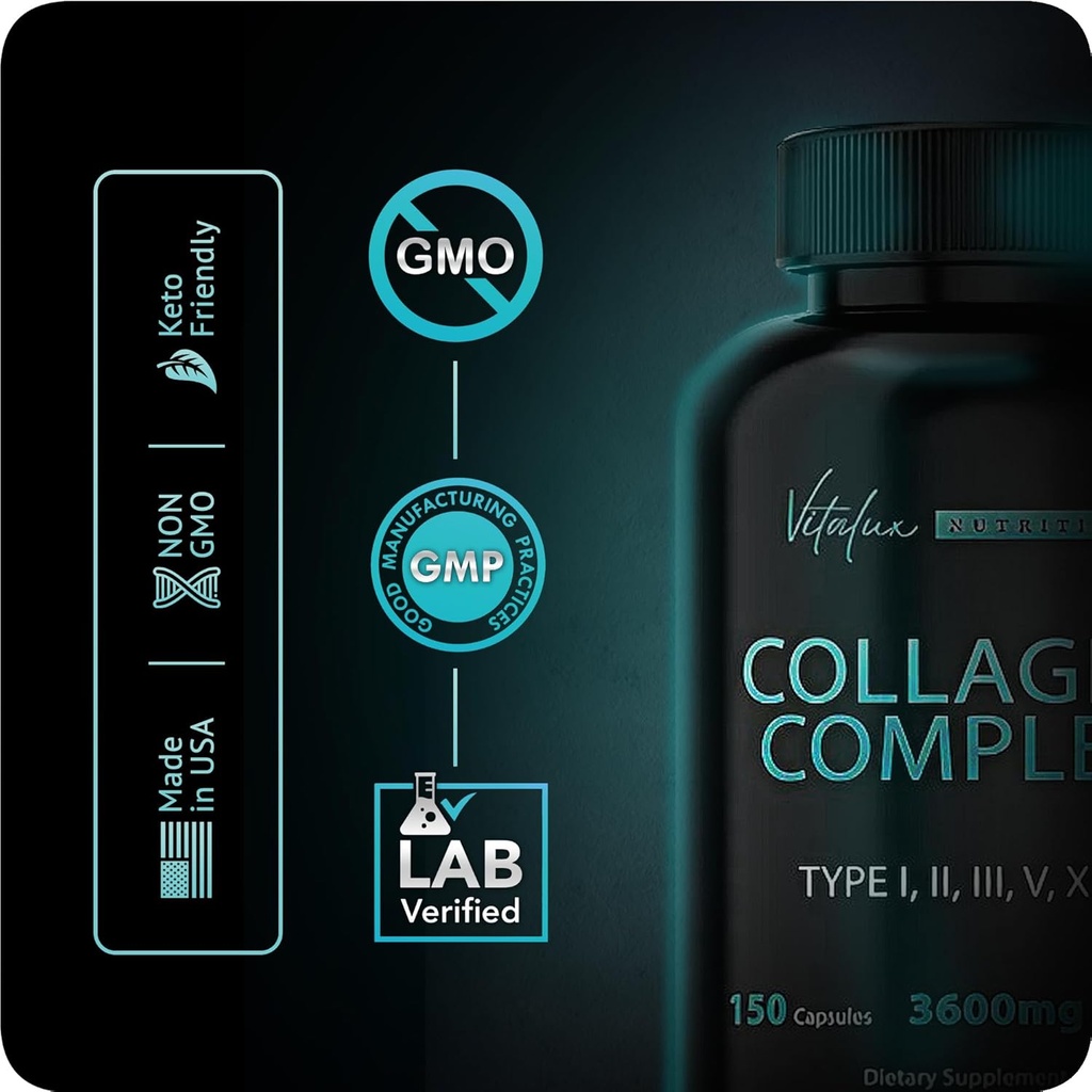 Collagen for Women & Men - Vital Nutrition - Hydrolyzed Collagen Peptides - Multi Collagen Capsules, Keto Friendly, Healthy for Skin, Nails, Bones & Joints, NonGMO- Type I,II,III, V, X - 150 Capsules 5