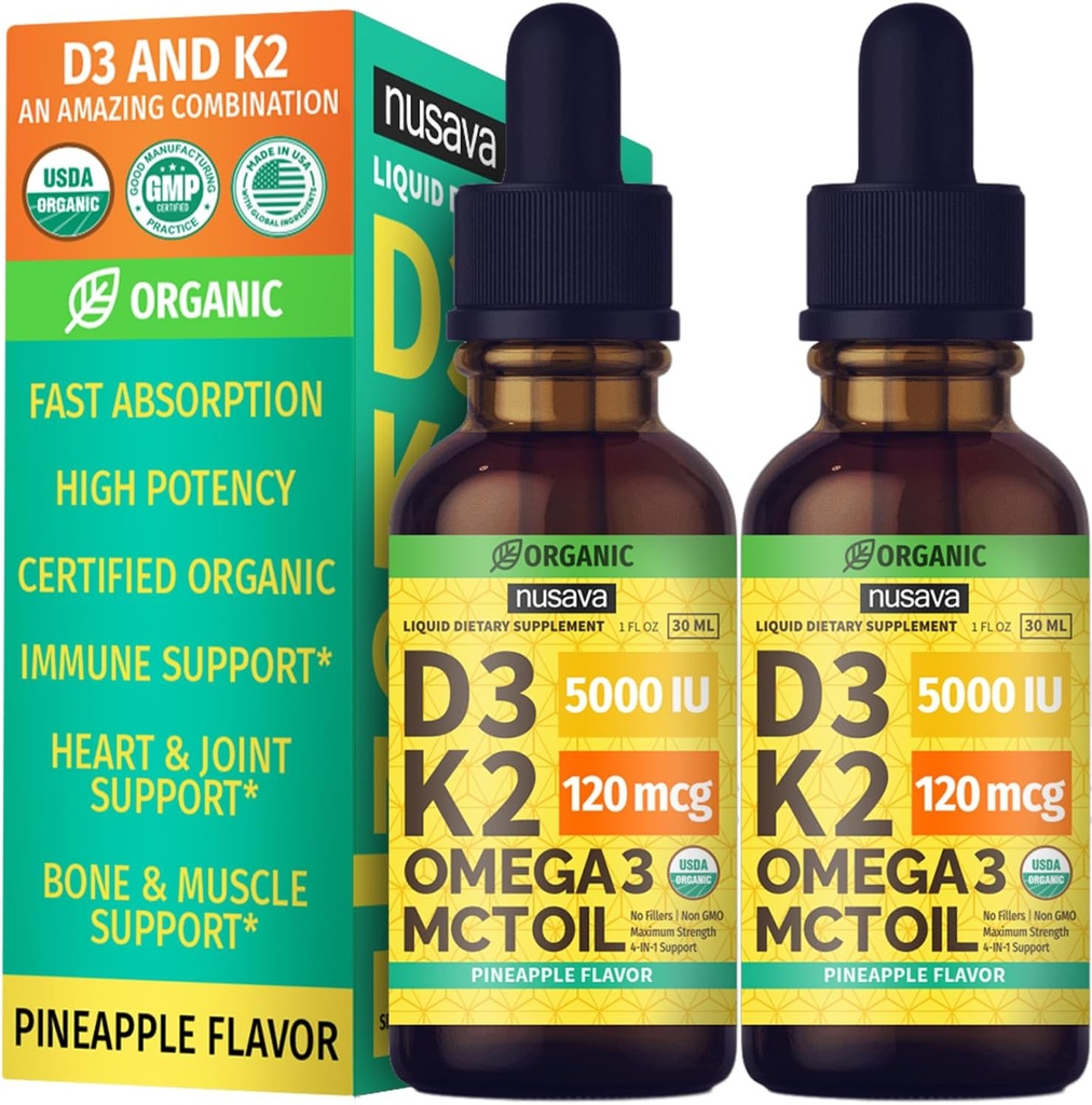 (2 Pack) Organic Vitamin D3 K2 Drops with MCT Oil Omega 3, Maximum Strength Vitamin D Liquid 5000 IU, No Fillers, Non-GMO Liquid D3 for Faster Absorption and Immune Support (Pineapple, 2 Fl Oz) 2