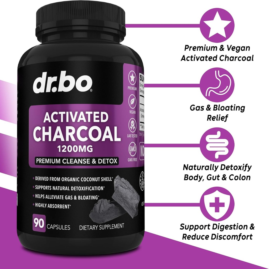 Activated Charcoal Capsules Cleanse Detox - 1200mg Organic Coconut Charcoal Pills for Stomach Gas and Bloating Relief for Men Women Kids - Active Capsules Powder Binder Activated Supplements for Gut 3