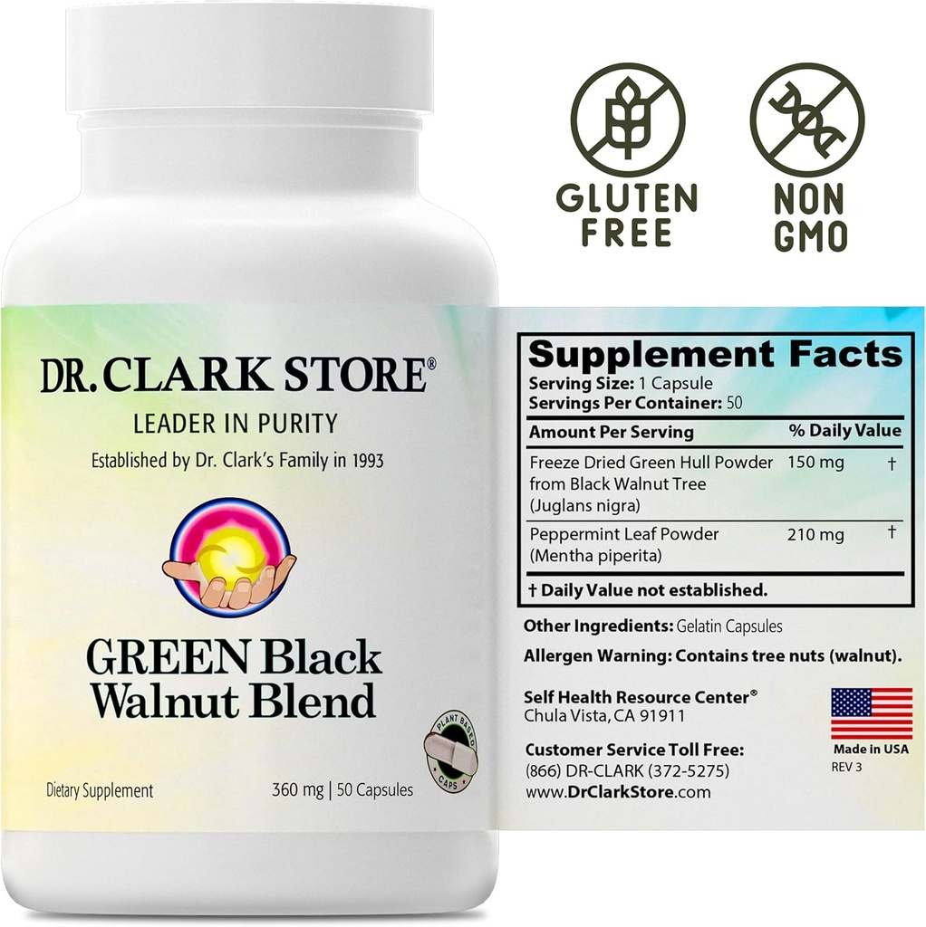 Dr Clark Green Black Walnut Blend - Freeze Dried Hull Dietary Supplement, Extra Strength Formula from All Natural Walnuts, Supports Healthy Intestinal Environment, 360mg, 50 Gelatin Capsules 4