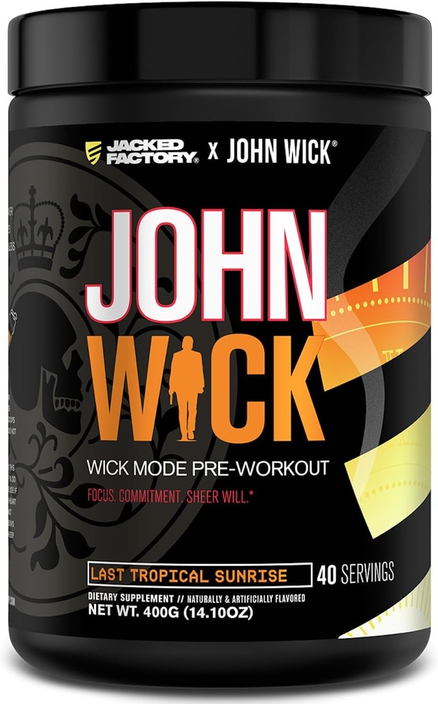 Jacked Factory X John Wick - Wick Mode Pre Workout Powder - Intense Energy, Battle-Ready Focus, Unstoppable Commitment, and Sheer Will - 40 Servings, Last Tropical Sunrise 2