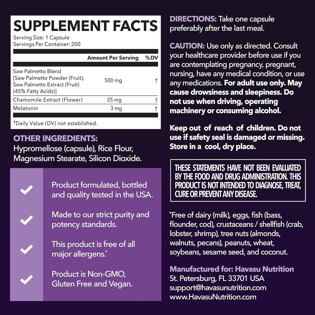 Saw Palmetto PM for Men with Melatonin 3mg - Night Time Prostate Health Supplement for Bladder and Sleep Support - Reduce Urinary Frequency - 200 Count - Vegan, Non-GMO Capsules - Over 6 Month Supply 3