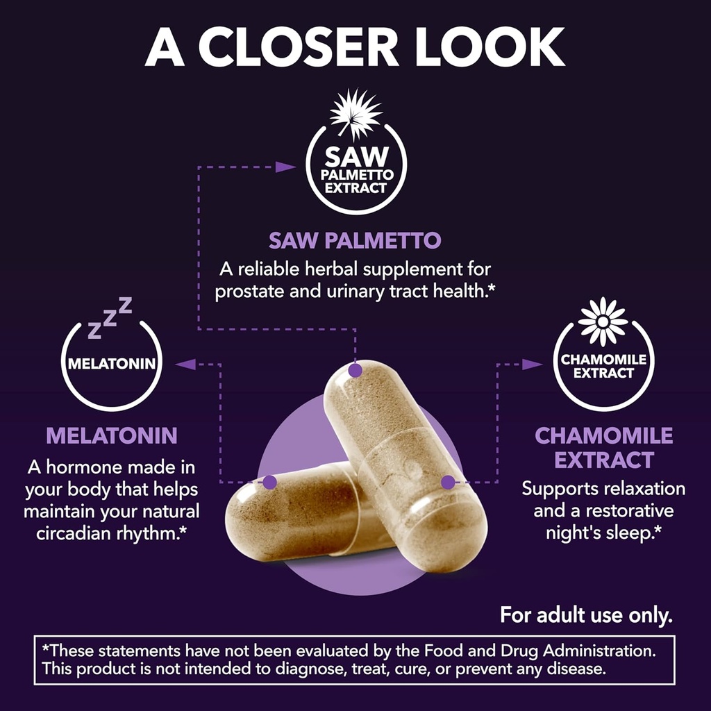 Saw Palmetto PM for Men with Melatonin 3mg - Night Time Prostate Health Supplement for Bladder and Sleep Support - Reduce Urinary Frequency - 200 Count - Vegan, Non-GMO Capsules - Over 6 Month Supply 6