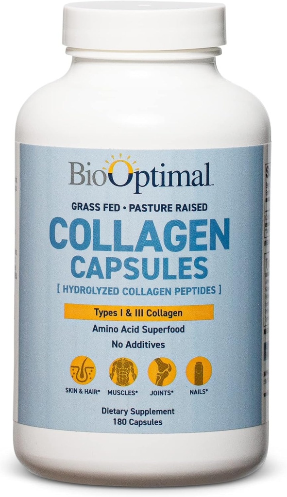 BioOptimal Collagen Peptides Capsules - Grass-Fed, Pasture-Raised Hydrolyzed Protein Supplement for Skin, Hair, & Nails - Non-GMO, Zero Sugar Daily Pills for Men & Women (180 Capsules) 2
