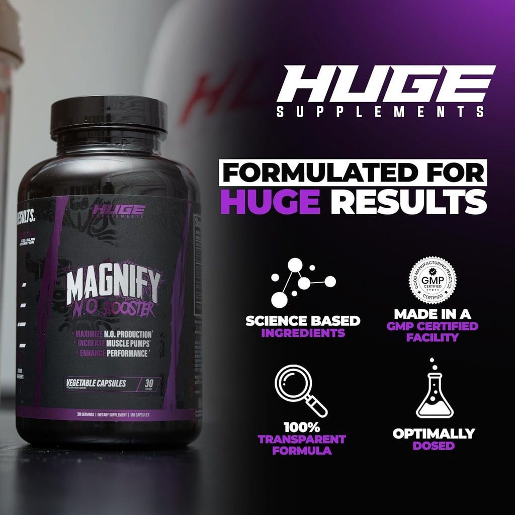 Huge Supplements Magnify Pump Pills & Nitric Oxide Booster, Enhance Muscle Pumps, Fullness & Vascularity, Science-Backed Ingredients - NO3-T Nitrates, Agmatine Sulfate, VasoDrive-AP (180 Capsules) 6