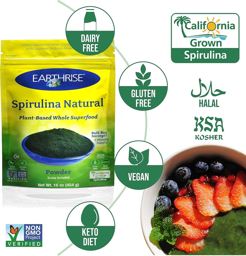 Earthrise Spirulina Natural Powder 16oz, Natural Premium Spirulina from California- Vegan, Gluten Free, Keto Friendly, Non -GMO Super Food high in Vitamins & Minerals. (1 LB) 5