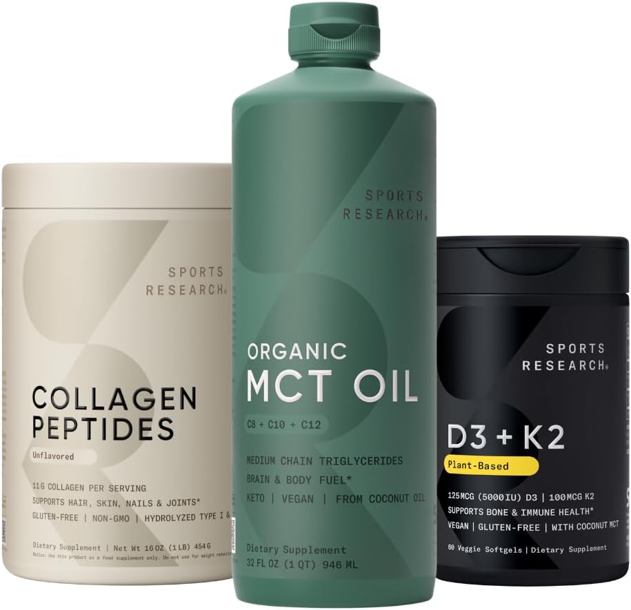 Sports Research Collagen Peptides Hydrolyzed Type 1 & 3 Collagen Powder Protein Supplement, Keto MCT Oil from Organic Coconuts - Triple Ingredient C8, C10, C12 MCTs and Vitamin D3 K2 with Coconut Oil 2