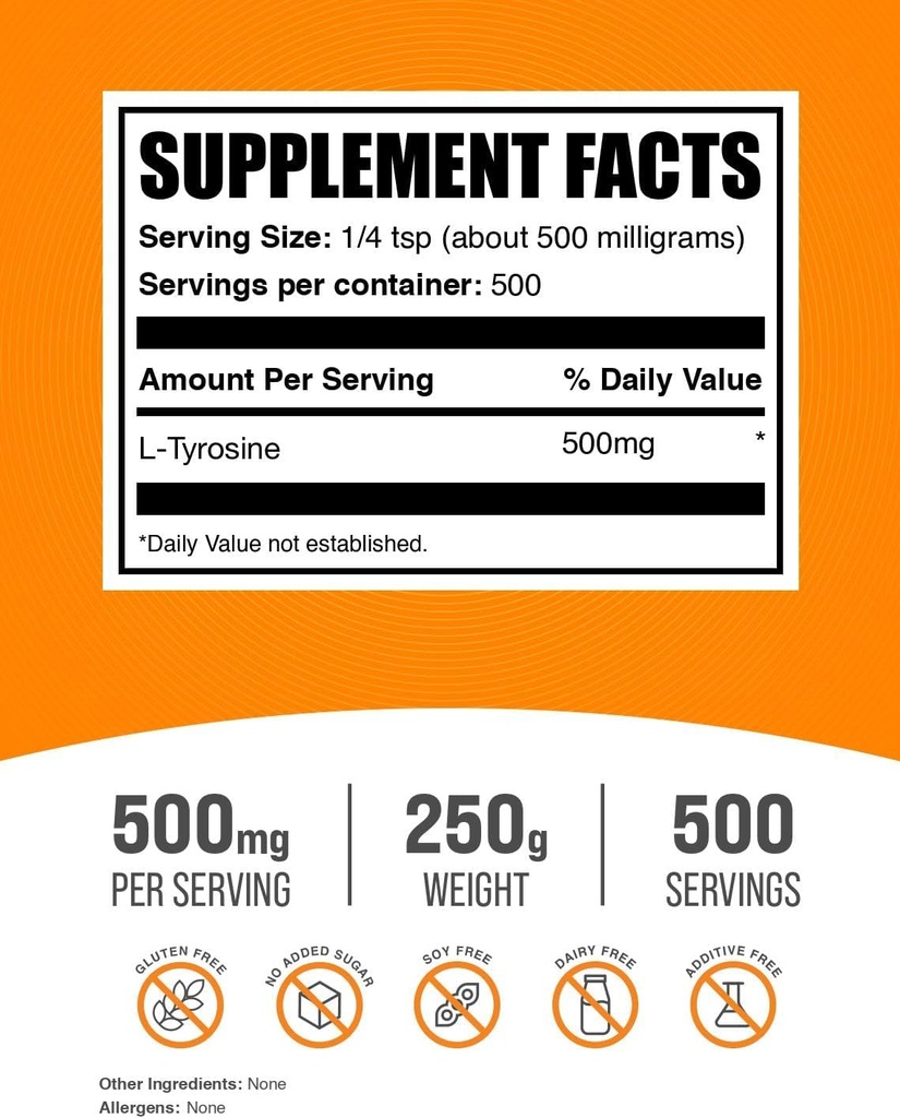 BulkSupplements.com L-Tyrosine Powder - Sports Nutrition, Amino Acid Supplement - Unflavored & Gluten Free, 500mg per Serving, 250g (8.8 oz) (Pack of 1) 3