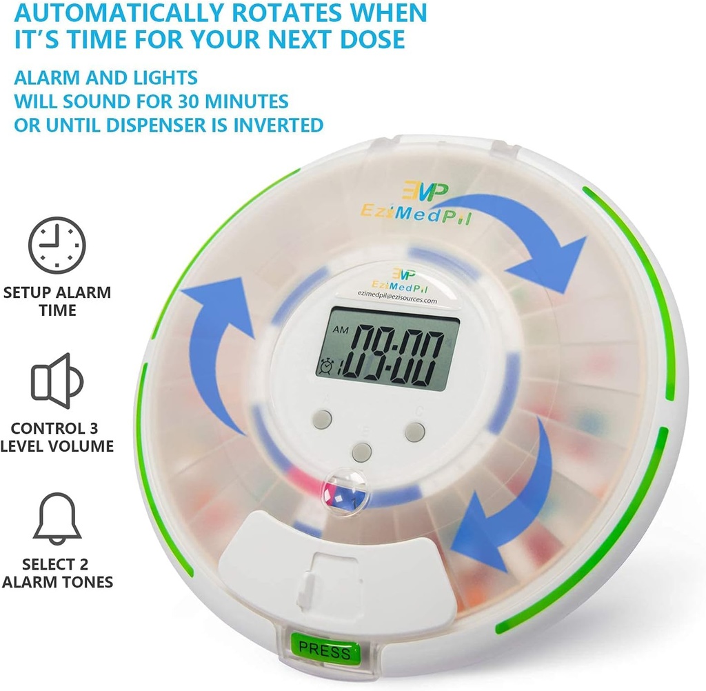 EziMedPil Automatic Pill Dispenser with Alarm, Sound & Light, up to 6 Alarms/Day, 6 Dosage Templates, Easy-Read Display, Frosted Lid & Locked 28-Day Medication Dispenser for Protecting Pills Privacy 4